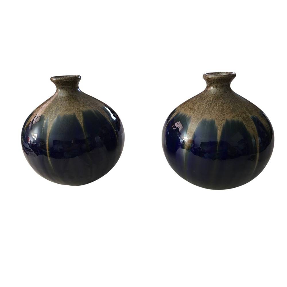 Vintage Style Blue and Brown Drip Glaze Ceramic Round Vases Set of 2